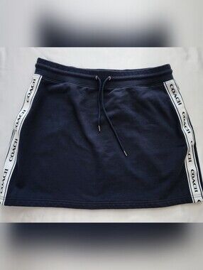 Coach Navy Blue Logo Tape Drawstring Mini Skirt with Pockets ...Size XL